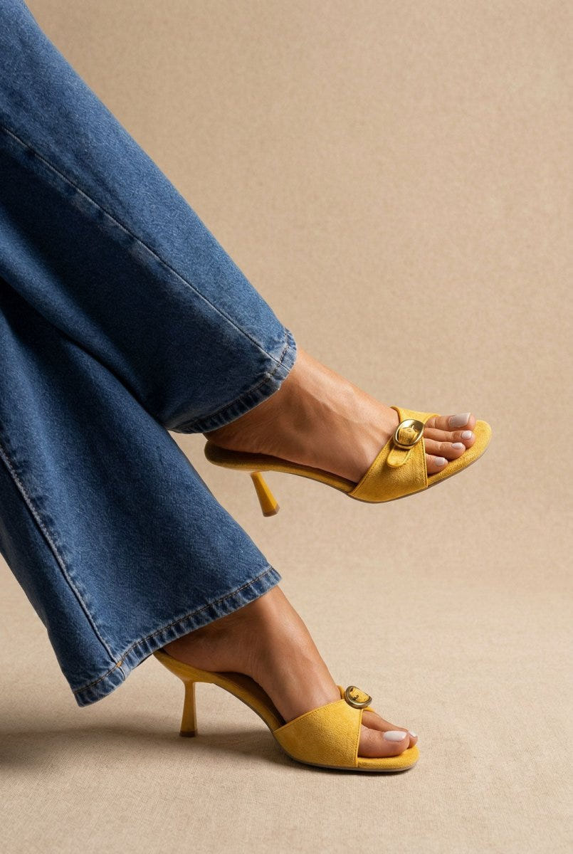 Stephan - Slim Heel Mules Buckle Strap - Yellow Suede