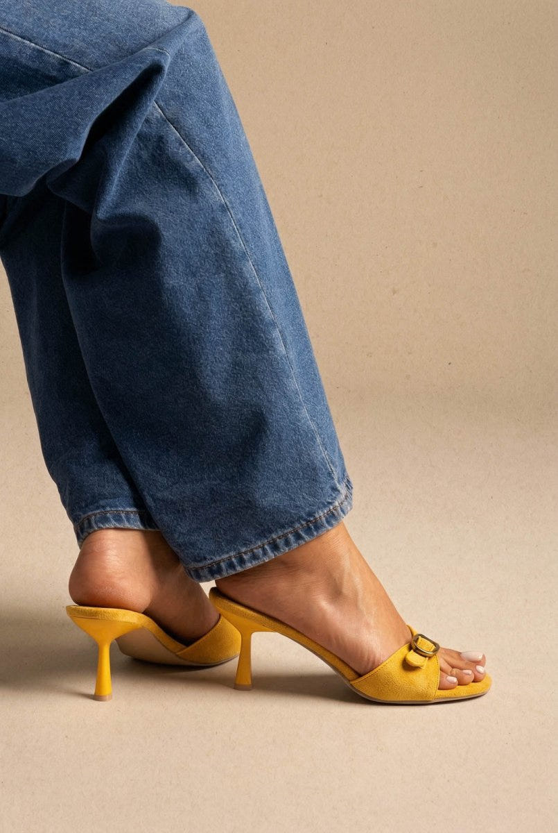 Stephan - Slim Heel Mules Buckle Strap - Yellow Suede