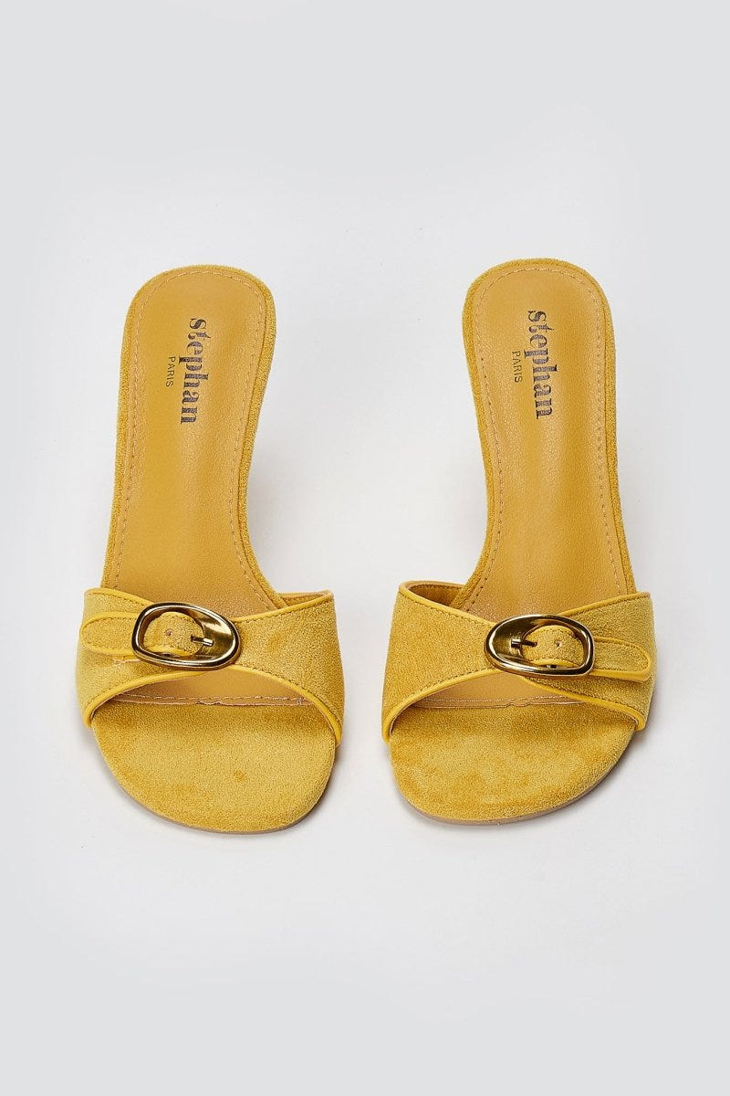 Stephan - Slim Heel Mules Buckle Strap - Yellow Suede