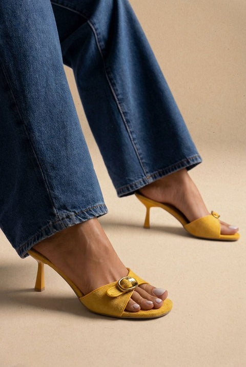 Slim Heel Mules Buckle Strap - Yellow Suede