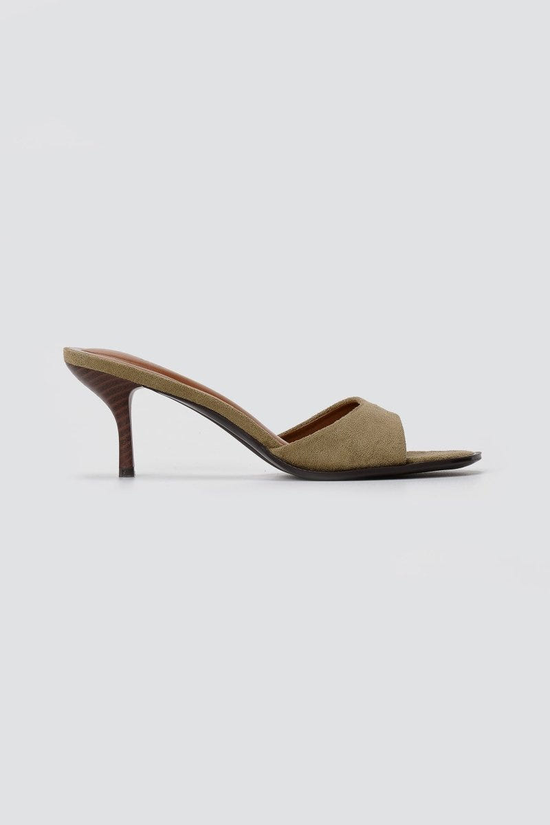 Stephan - Slim Heel Mules Toe Strap - Khaki Green Suede