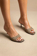 Stephan - Slim Heel Mules Toe Strap - Khaki Green Suede