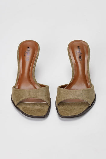 Stephan - Slim Heel Mules Toe Strap - Khaki Green Suede