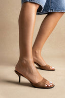 Stephan - Slim Heel Mules Toe Strap - Mocha Suede