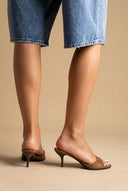 Stephan - Slim Heel Mules Toe Strap - Mocha Suede