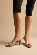 Stephan - Slim Heel Mules Toe Strap - Taupe Suede
