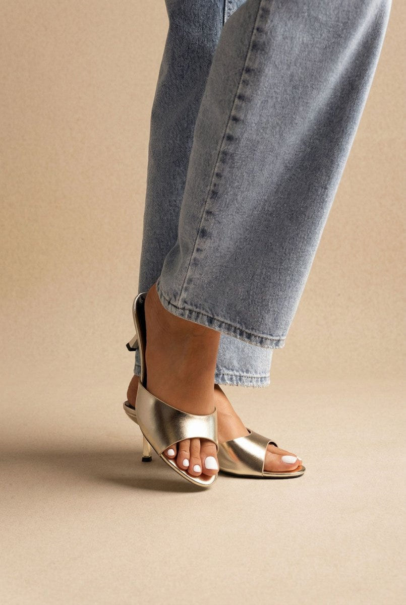 Stephan - Slim Heel Mules Wide Strap - Gold