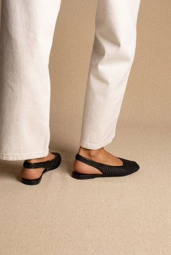 ONLY - Slingback Ballet Flats Woven Design - Black Raffia