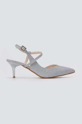 TFP - Slingback Kitten Heel Pumps - Silver Lurex