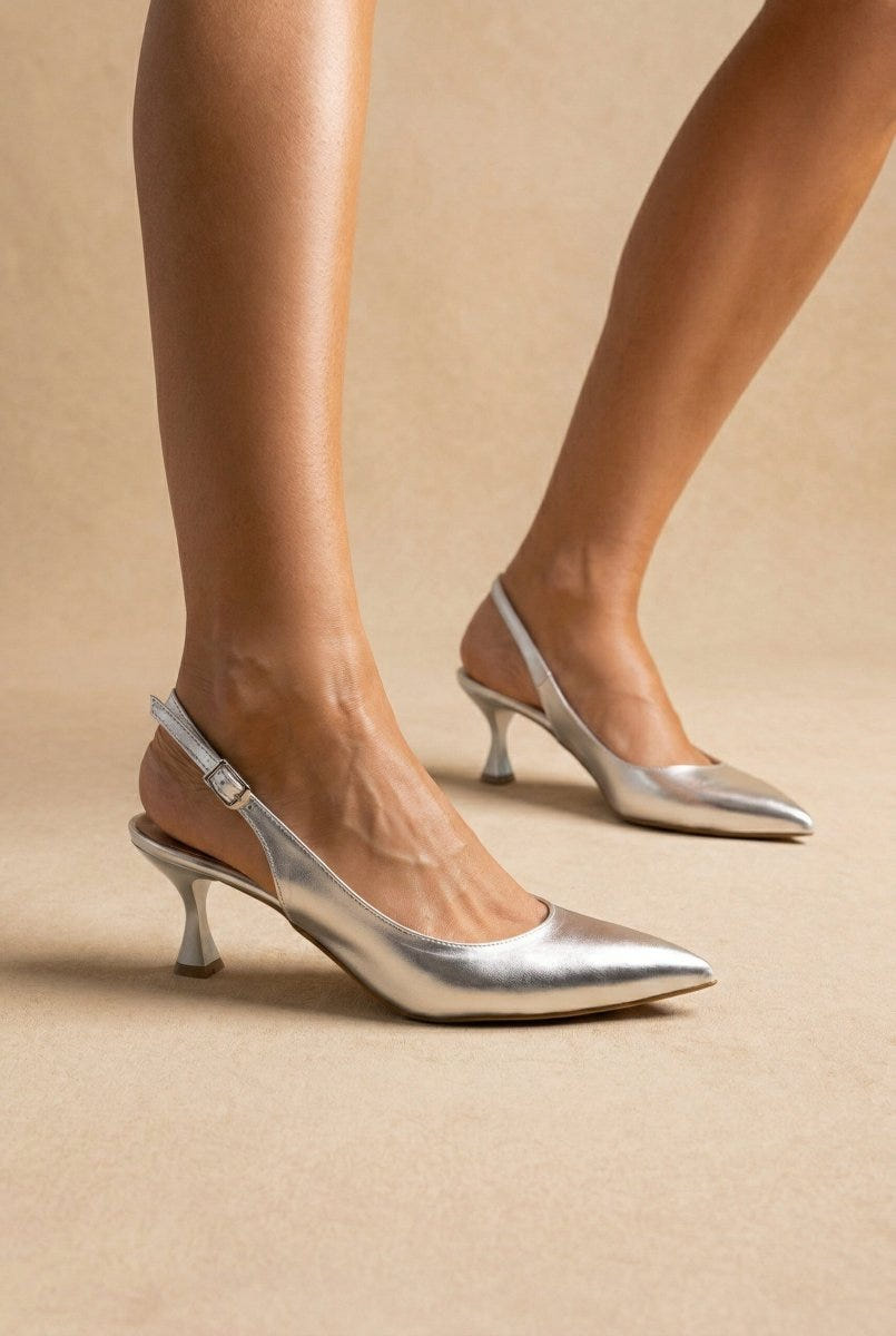 TFP - Slingback Kitten Heel Pumps - Silver Metallic