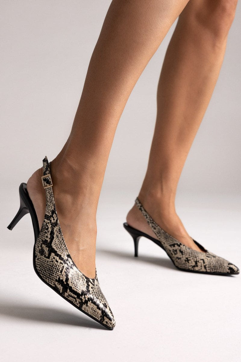 Slingback Pointed Pumps TFP - Ivory Black Snake Print - thefashionproject.gr - TFP