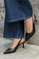 Slingback Pointed Toe Pumps - Black Matte - thefashionproject.gr - Ideal shoes