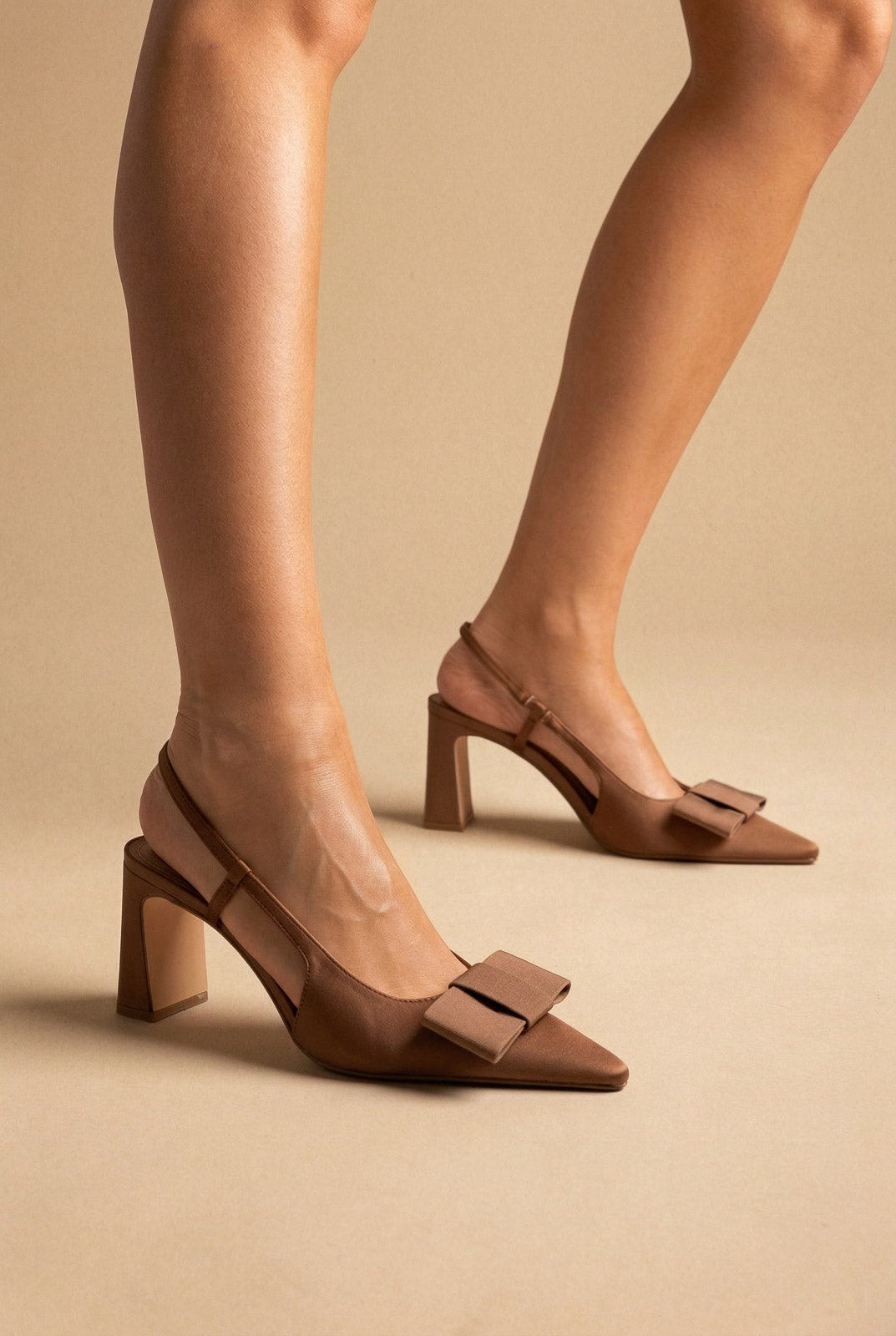 CORINA - Slingback Pumps with Bow - Mocha Satin