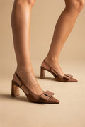 CORINA - Slingback Pumps with Bow - Mocha Satin