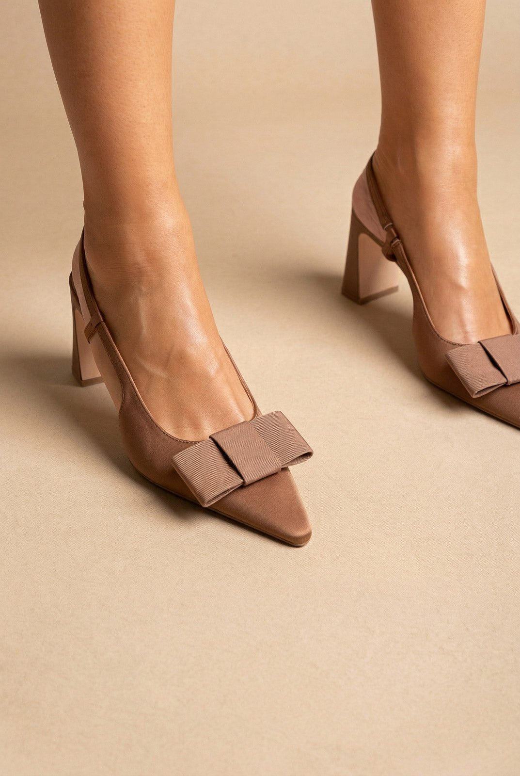 CORINA - Slingback Pumps with Bow - Mocha Satin