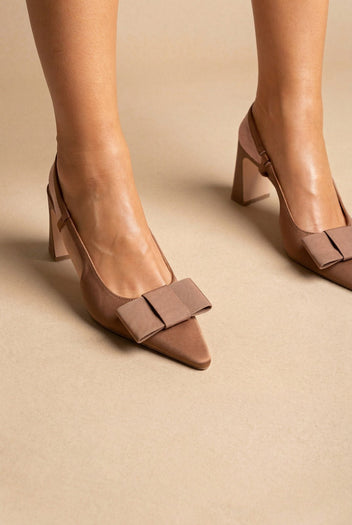 CORINA - Slingback Pumps with Bow - Mocha Satin