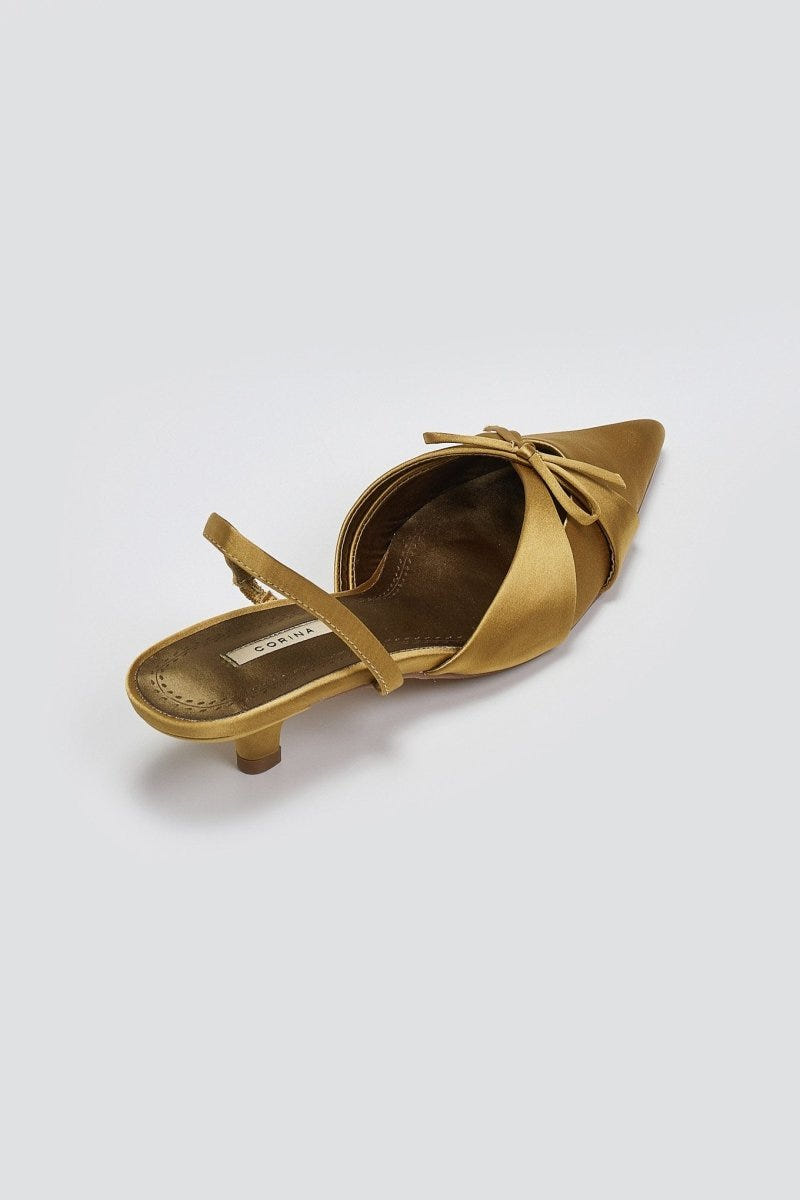 Slingback σατέν γόβες με φιόγκο CORINA - Λαδί - thefashionproject.gr - CORINA