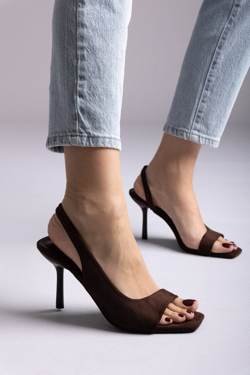 Ideal shoes - Slingback Stiletto Sandals - Brown Suede