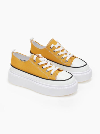 Sneakers πάνινα με ψηλή σόλα - Μουσταρδί - thefashionproject.gr - The Fashion Project