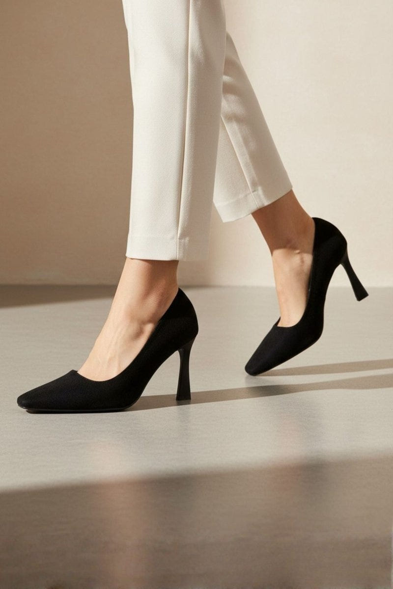 Square Toe Stiletto Pumps - Black Suede - thefashionproject.gr - Ideal shoes