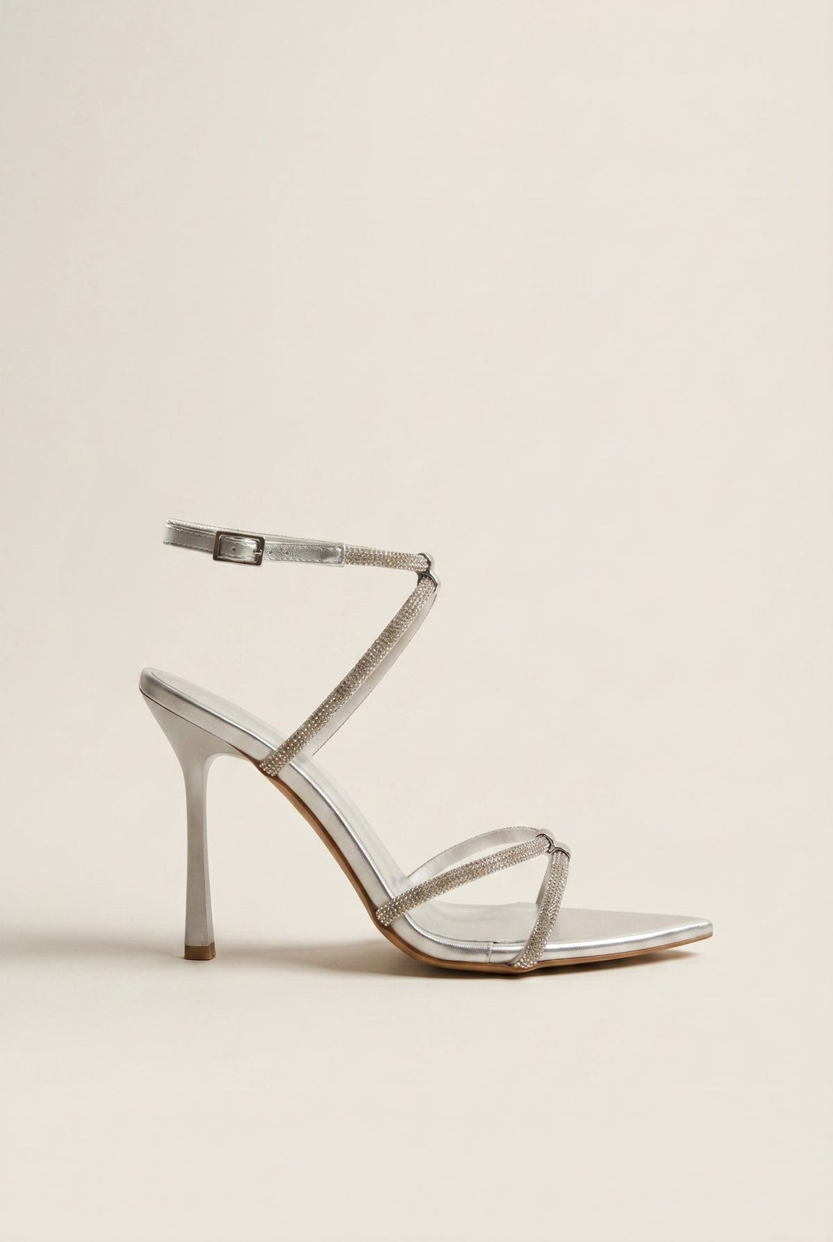 TFP - Stiletto Heeled Sandals Strass Pointed - Silver Metallic