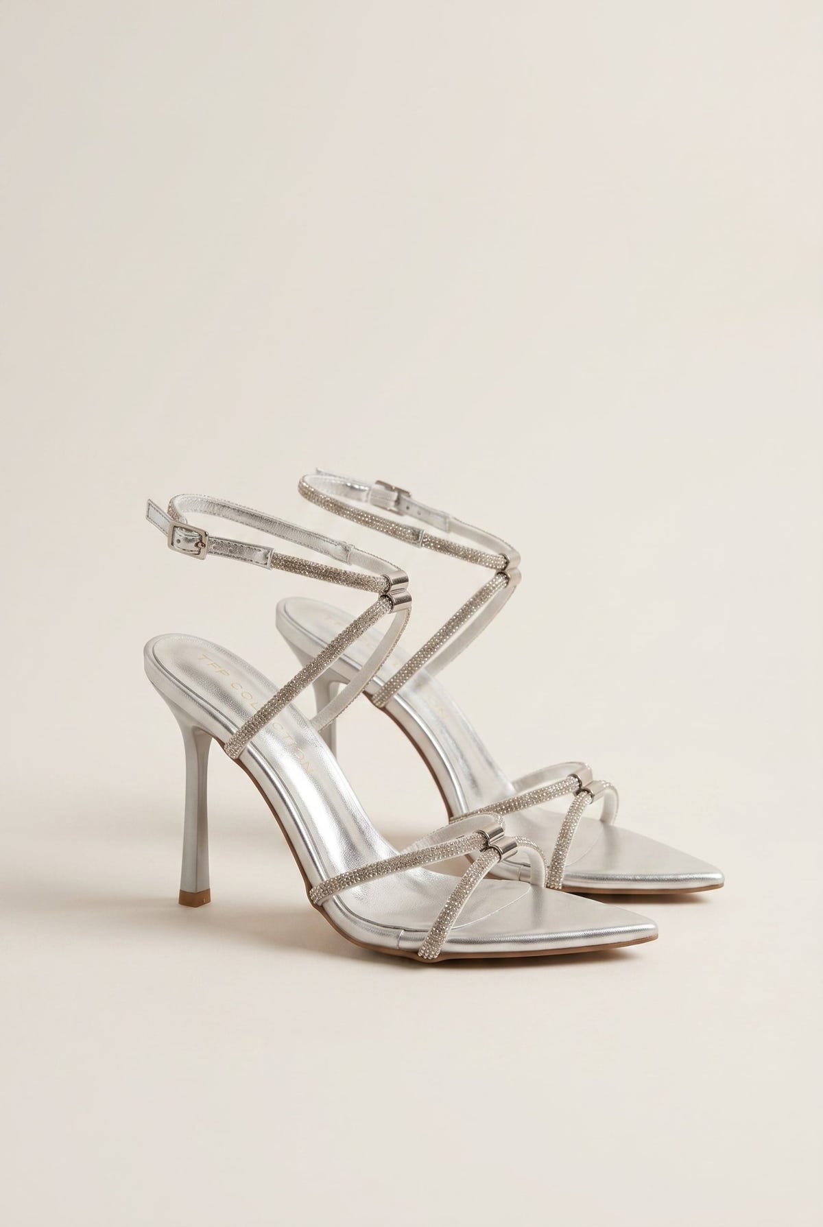 TFP - Stiletto Heeled Sandals Strass Pointed - Silver Metallic