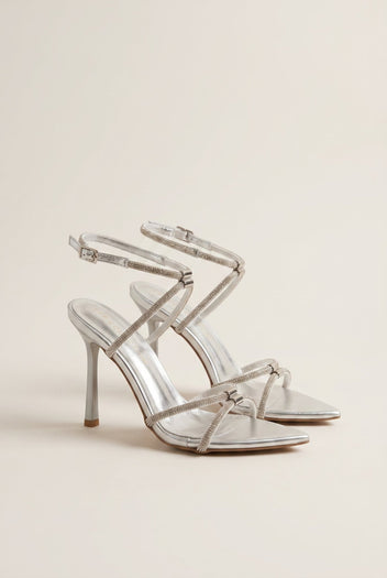 TFP - Stiletto Heeled Sandals Strass Pointed - Silver Metallic