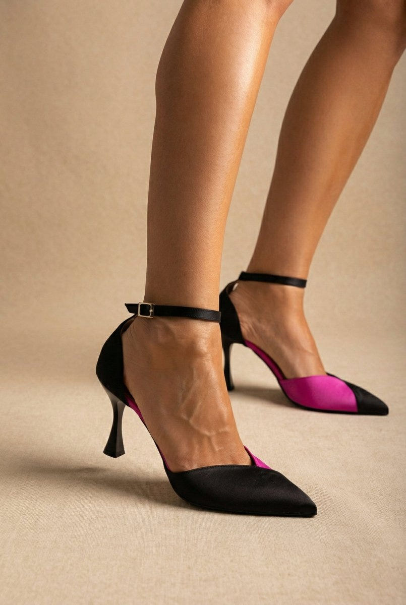 TFP - Stiletto Pointed Toe Pumps - Black/Fux Satin