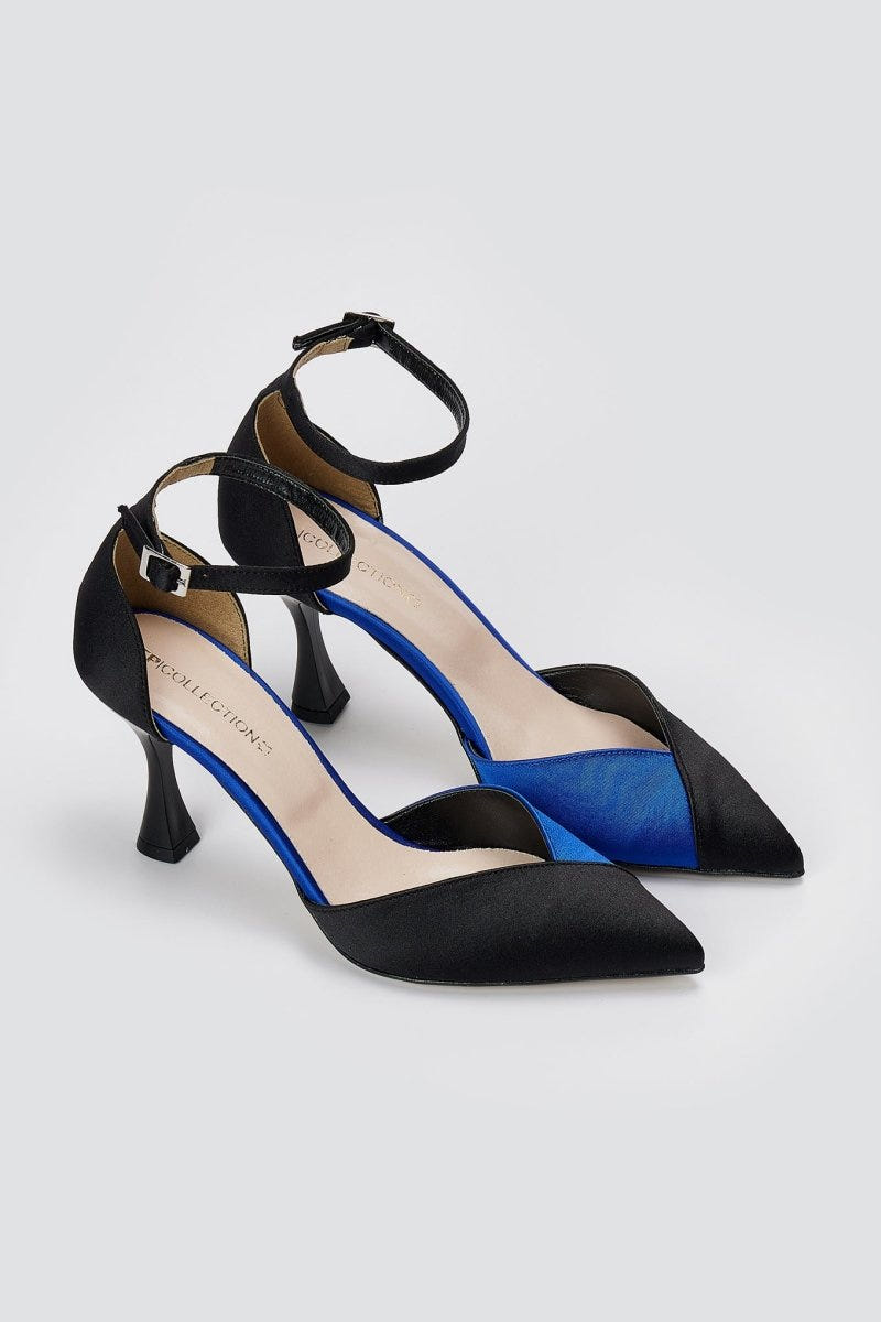 TFP - Stiletto Pointed Toe Pumps - Black/Royal Blue Satin