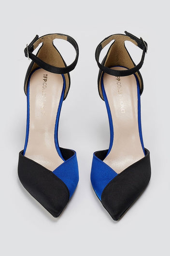 TFP - Stiletto Pointed Toe Pumps - Black/Royal Blue Satin