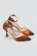 TFP - Stiletto Pointed Toe Pumps - Brown/Coral Satin