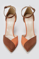 TFP - Stiletto Pointed Toe Pumps - Brown/Coral Satin