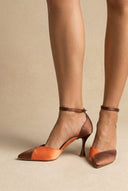 TFP - Stiletto Pointed Toe Pumps - Brown/Coral Satin