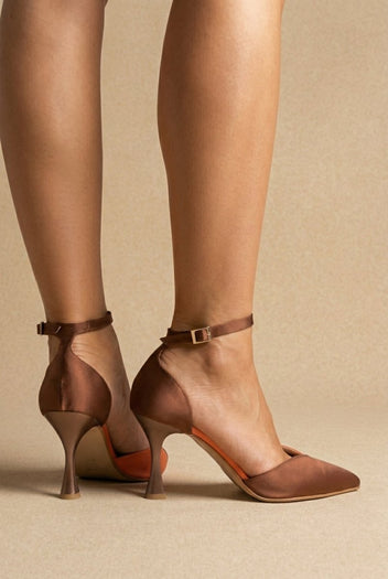 TFP - Stiletto Pointed Toe Pumps - Brown/Coral Satin