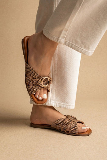 CARMELA - Strap Sandals Metal Ring - Camel Suede