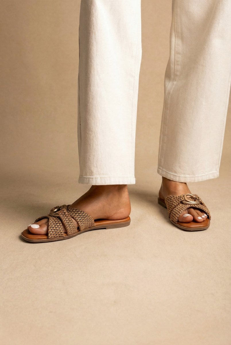CARMELA - Strap Sandals Metal Ring - Camel Suede