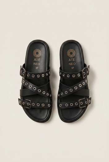 ATENEO - Studded Buckle Sandals - Black Matte