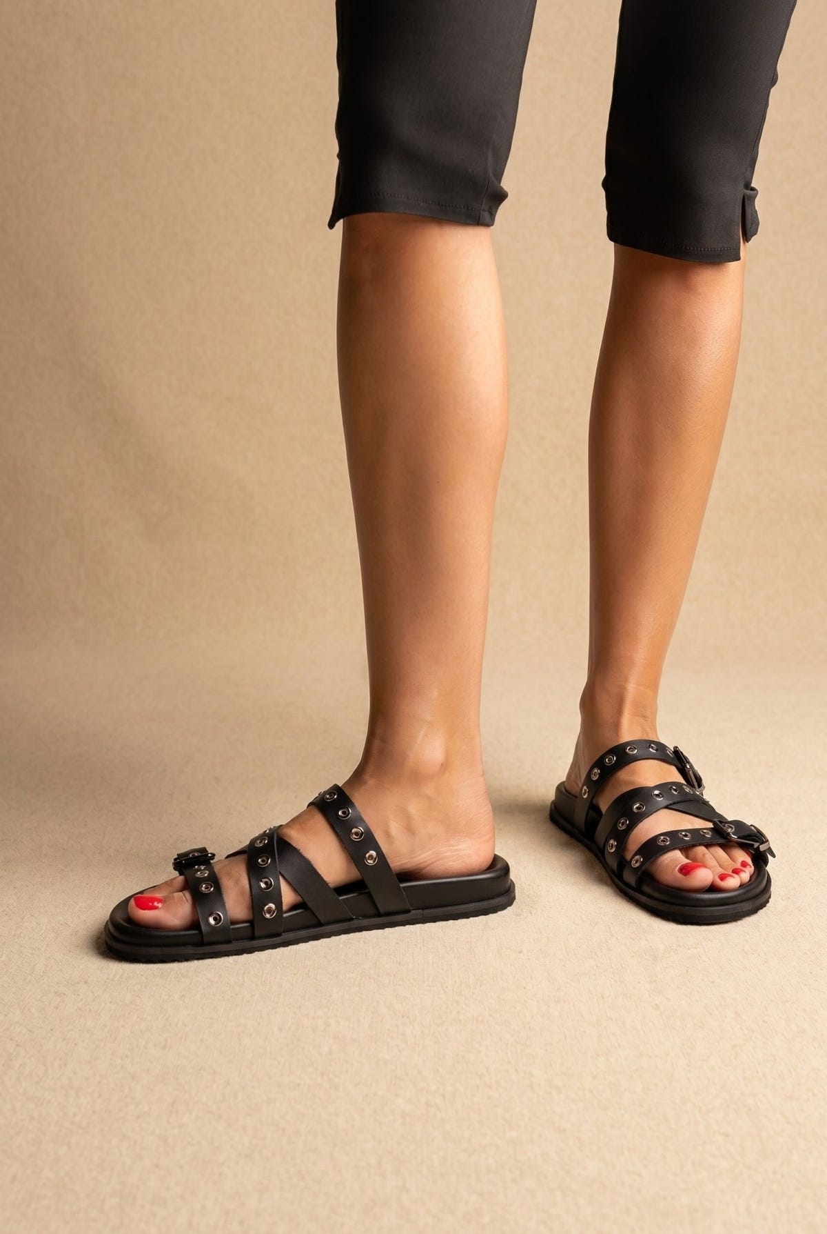 ATENEO - Studded Buckle Sandals - Black Matte