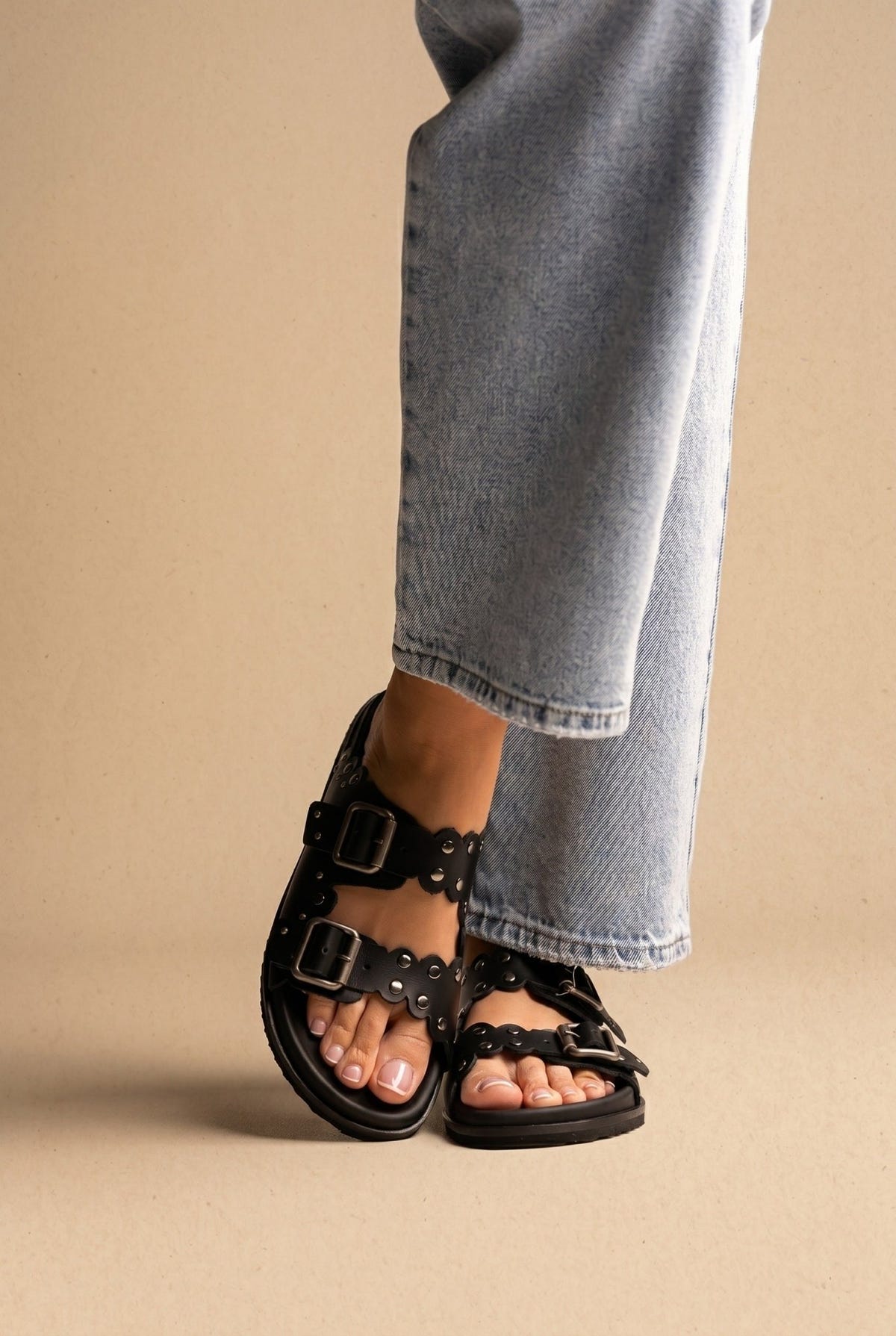 ATENEO - Studded Buckle Sandals - Black Matte
