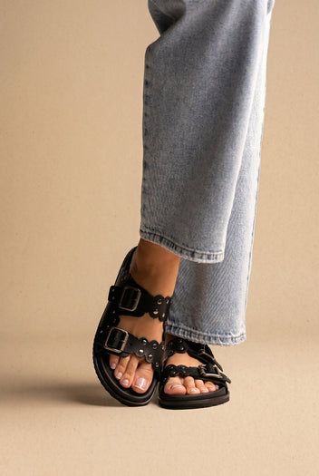 ATENEO - Studded Buckle Sandals - Black Matte