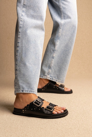 ATENEO - Studded Buckle Sandals - Black Matte