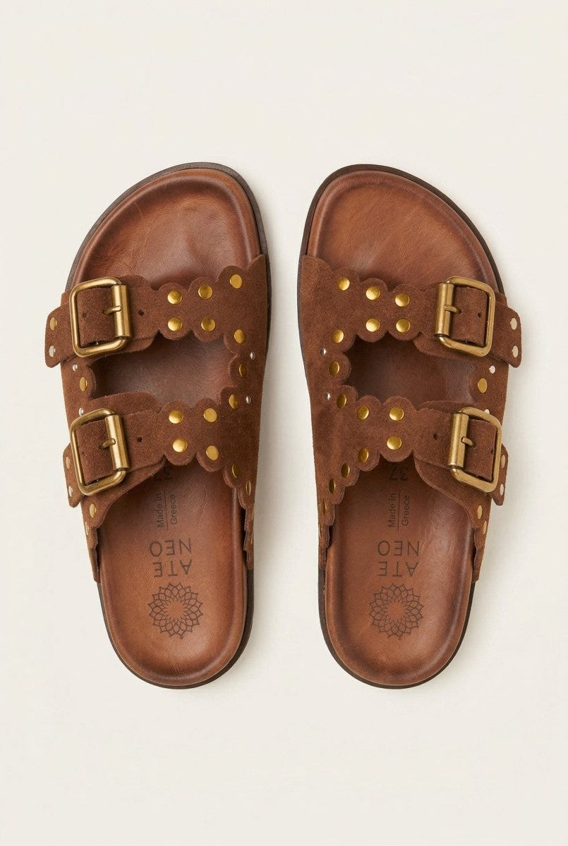 ATENEO - Studded Buckle Sandals - Brown Suede