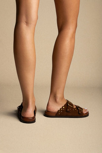 ATENEO - Studded Buckle Sandals - Brown Suede