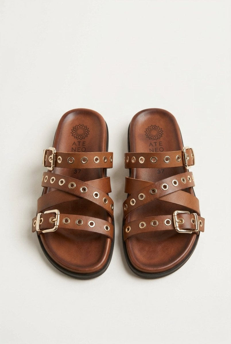 ATENEO - Studded Buckle Sandals - Tan Matte