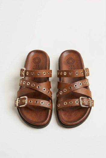 ATENEO - Studded Buckle Sandals - Tan Matte