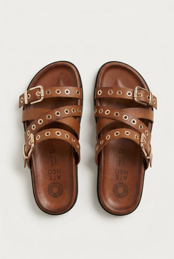 ATENEO - Studded Buckle Sandals - Tan Matte