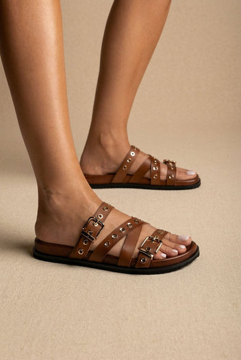 ATENEO - Studded Buckle Sandals - Tan Matte