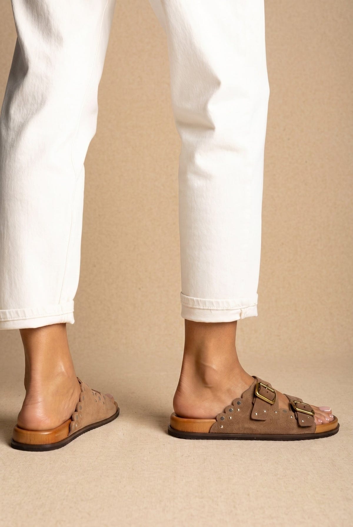 ATENEO - Studded Buckle Sandals - Taupe Suede