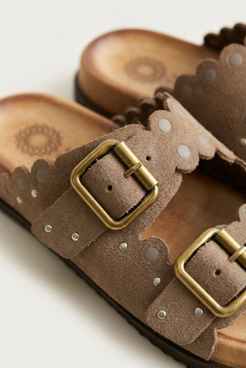 ATENEO - Studded Buckle Sandals - Taupe Suede