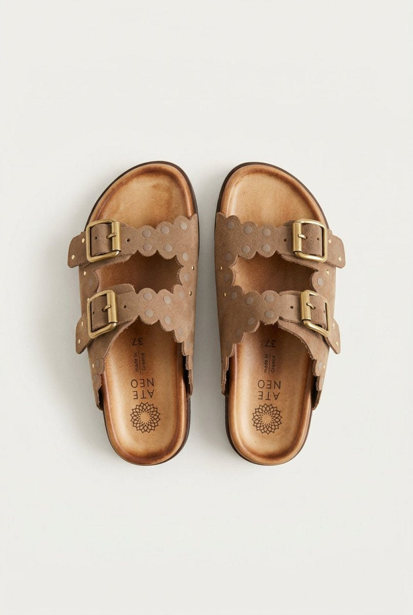 ATENEO - Studded Buckle Sandals - Taupe Suede